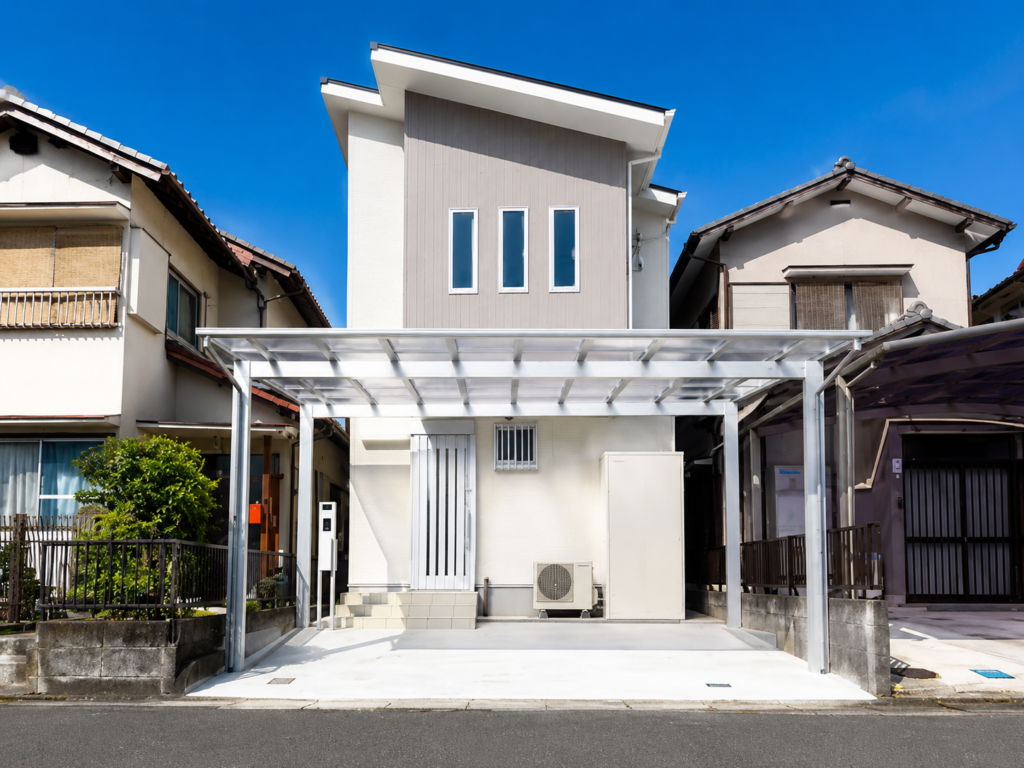 木造、新築1戸建て、防火サイディングボードが上手に貼っている建物の外観