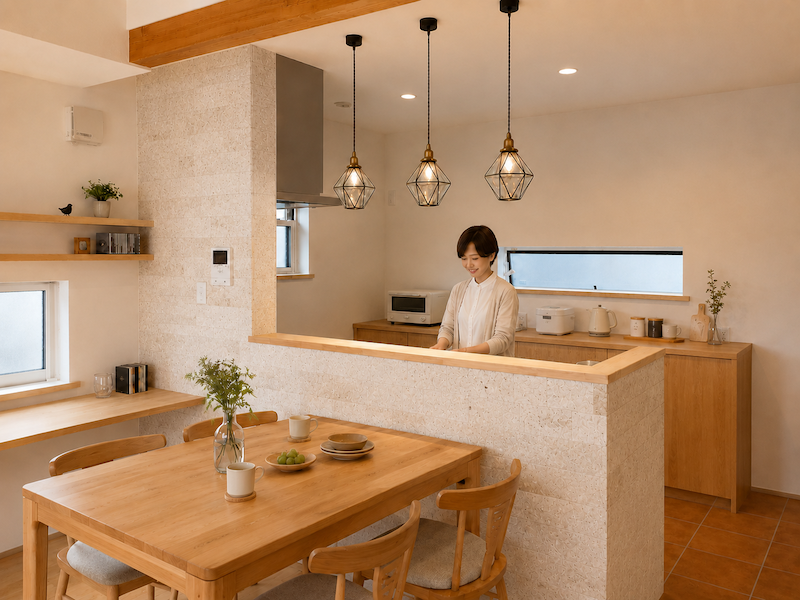 対面キッチンに立つ女性。キッチンのダイニング側は天然石のアクセントがある