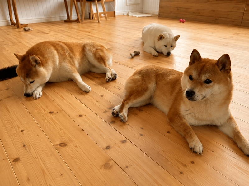 無垢フローリングの上で寝そべる柴犬三匹